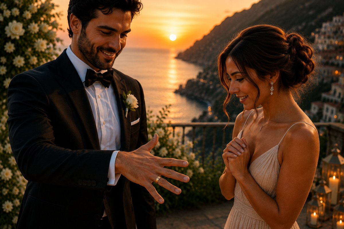 Elegant groom displaying a gold wedding band on his ring finger beside his bride at a romantic seaside wedding during sunset.