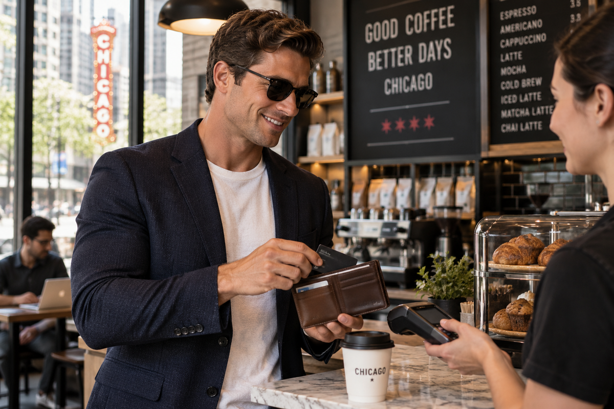 Stylish man paying at a modern coffee shop while holding a classic brown leather wallet in his hand.
