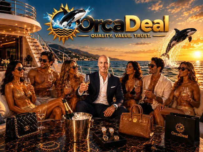 OrcaDeal luxury yacht lifestyle scene featuring the 3D OrcaDeal logo, stylish shoppers, luxury accessories, ocean sunset, and a breaching orca.