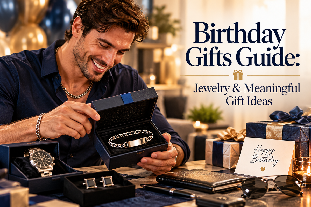 Birthday jewelry gifts for him featuring a silver bracelet, watch, cufflinks, and elegant wrapped presents