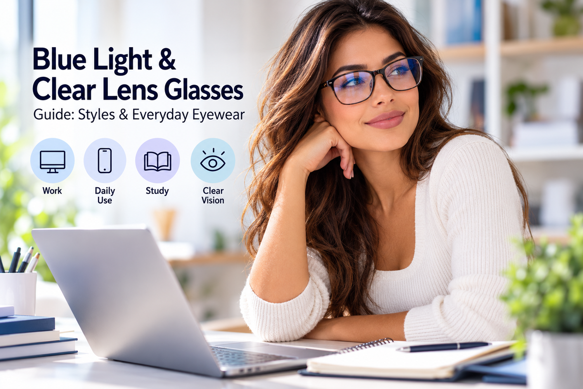 Woman wearing blue light clear lens glasses while working on a laptop in a bright modern home office