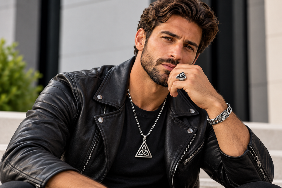 Man wearing a Celtic knot pendant, symbolic ring and silver chain bracelet with a black leather jacket in a bold men's jewelry look.