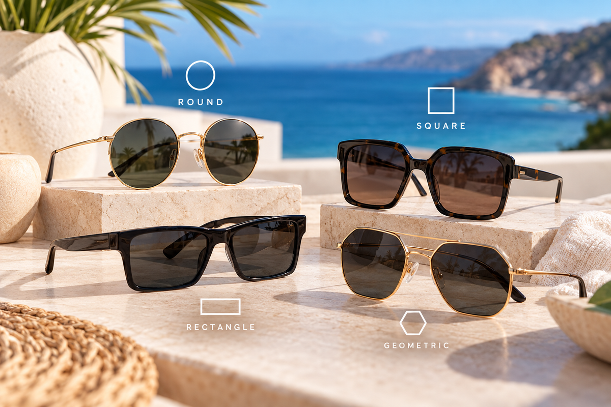 Round, square, rectangular, and geometric sunglasses displayed at a luxury seaside resort