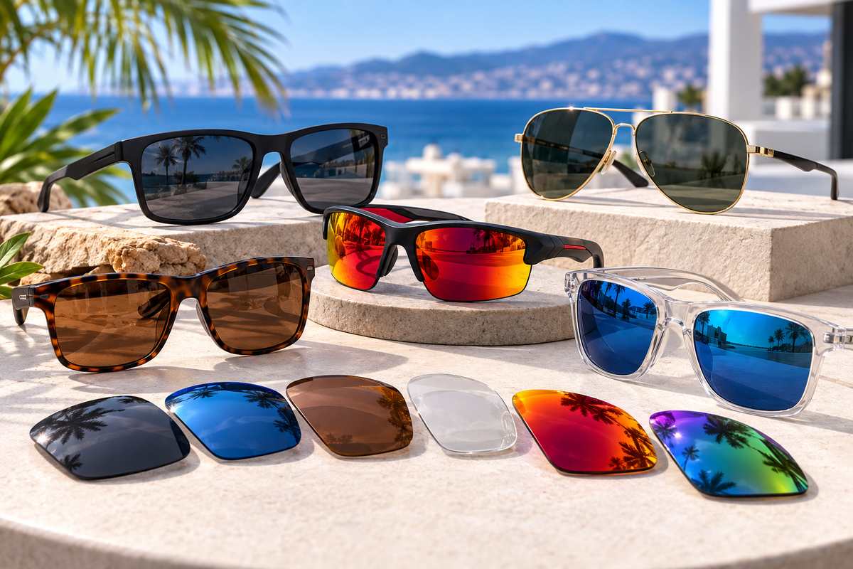 Assortment of polarized, mirrored, clear, and colored sunglasses lenses at a luxury coastal setting