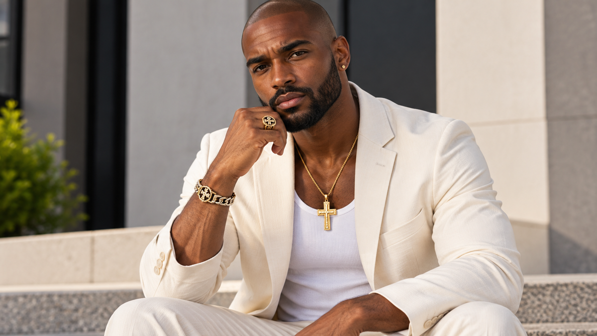 Man wearing a gold cross pendant, symbolic ring and chain bracelet with a cream blazer in a refined men's religious jewelry look.