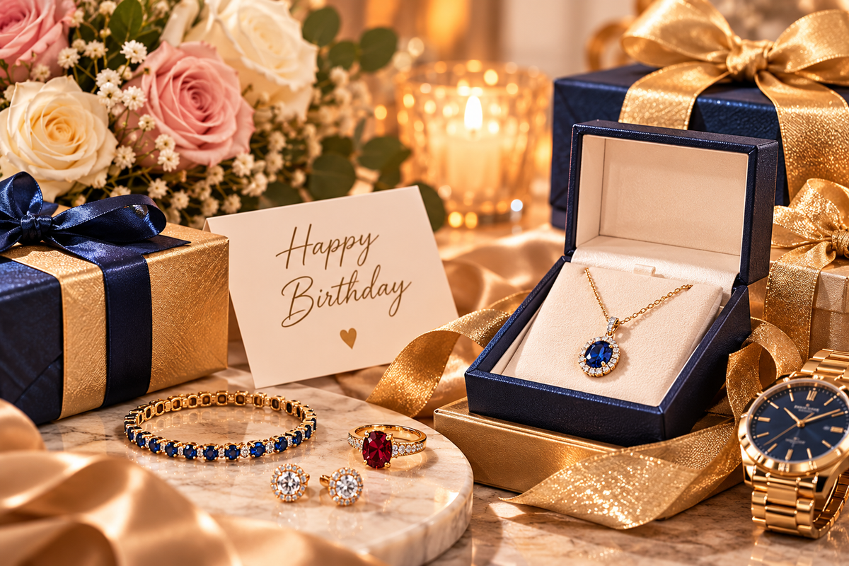 Birthstone jewelry gift display with sapphire necklace, ruby ring, bracelet, earrings, flowers, and birthday presents