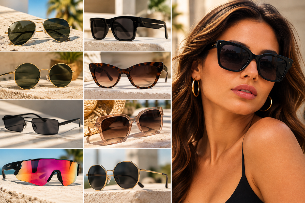 Woman wearing oversized black sunglasses beside a collection of classic, modern, and statement eyewear styles