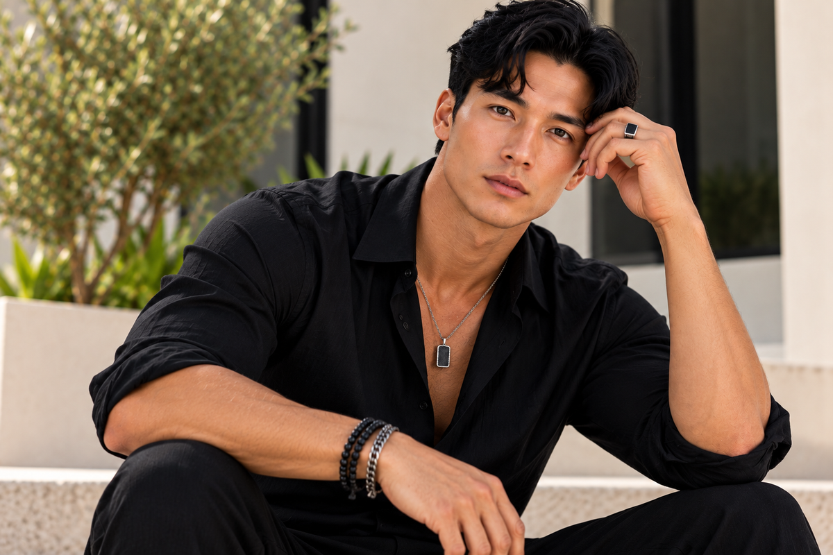 Man wearing layered black and silver bracelets, a pendant necklace and statement ring with a black shirt in a modern men's jewelry look.