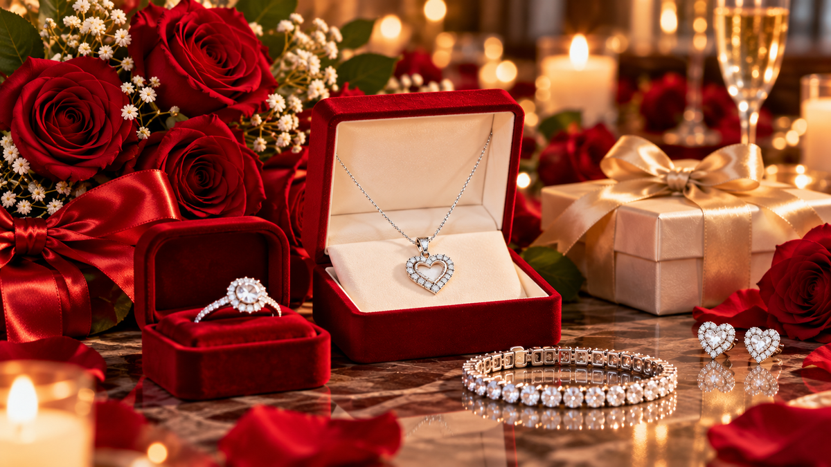 Valentine's Day jewelry gifts featuring a heart necklace, diamond ring, bracelet, earrings, red roses, and elegant gift boxes