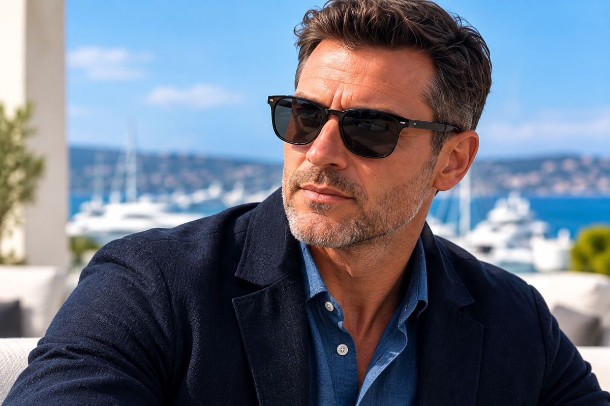 Man wearing classic black polarized sunglasses at a luxury coastal marina