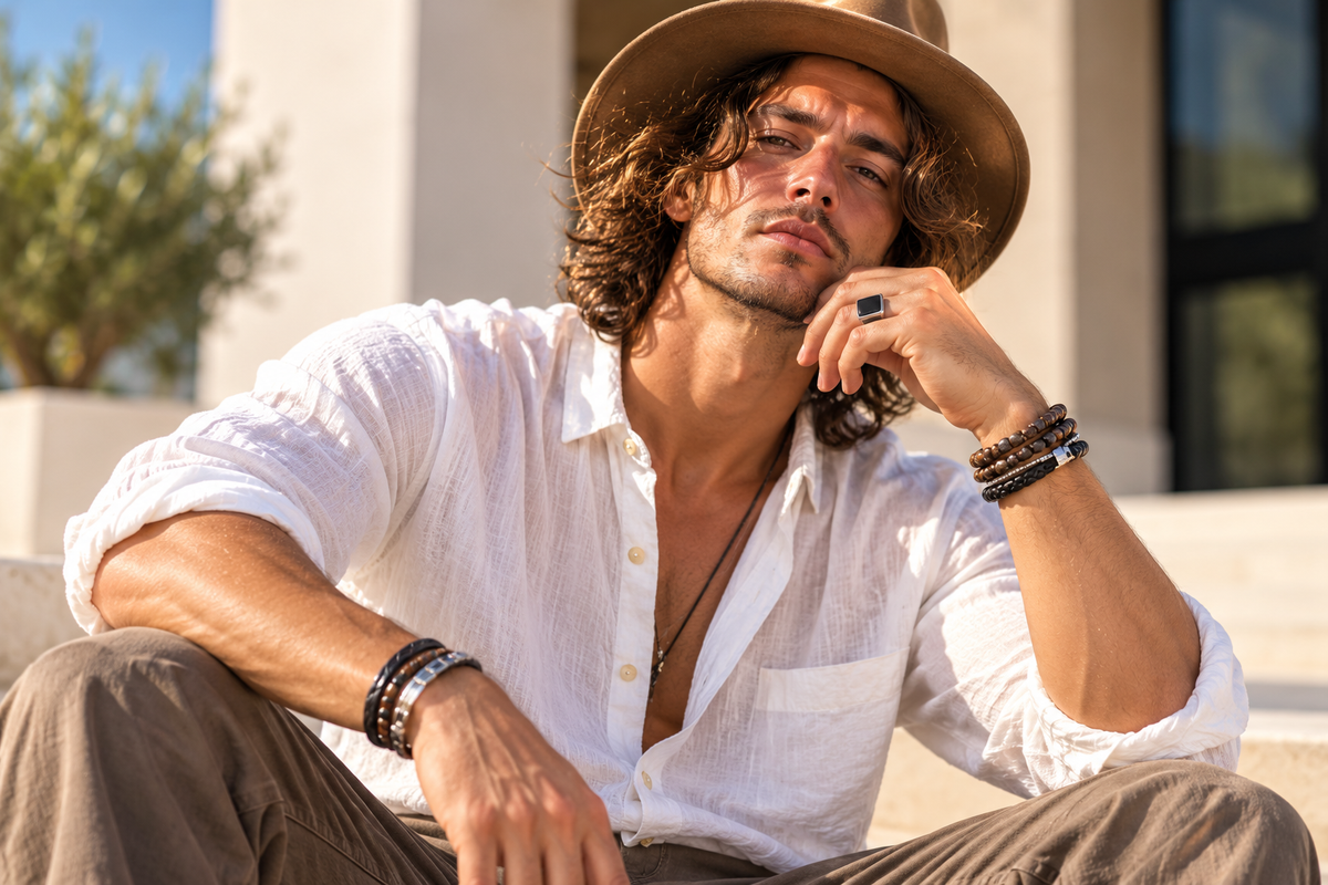 Man wearing layered leather, beaded and metal bracelets with a white linen shirt and brown hat.