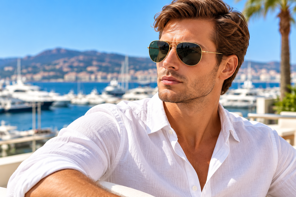 Man wearing classic gold aviator sunglasses at a luxury coastal marina