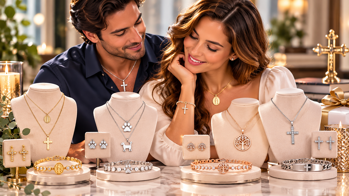 Couple viewing religious, animal-inspired, and statement jewelry gifts featuring crosses, paw prints, medallions, and symbolic designs
