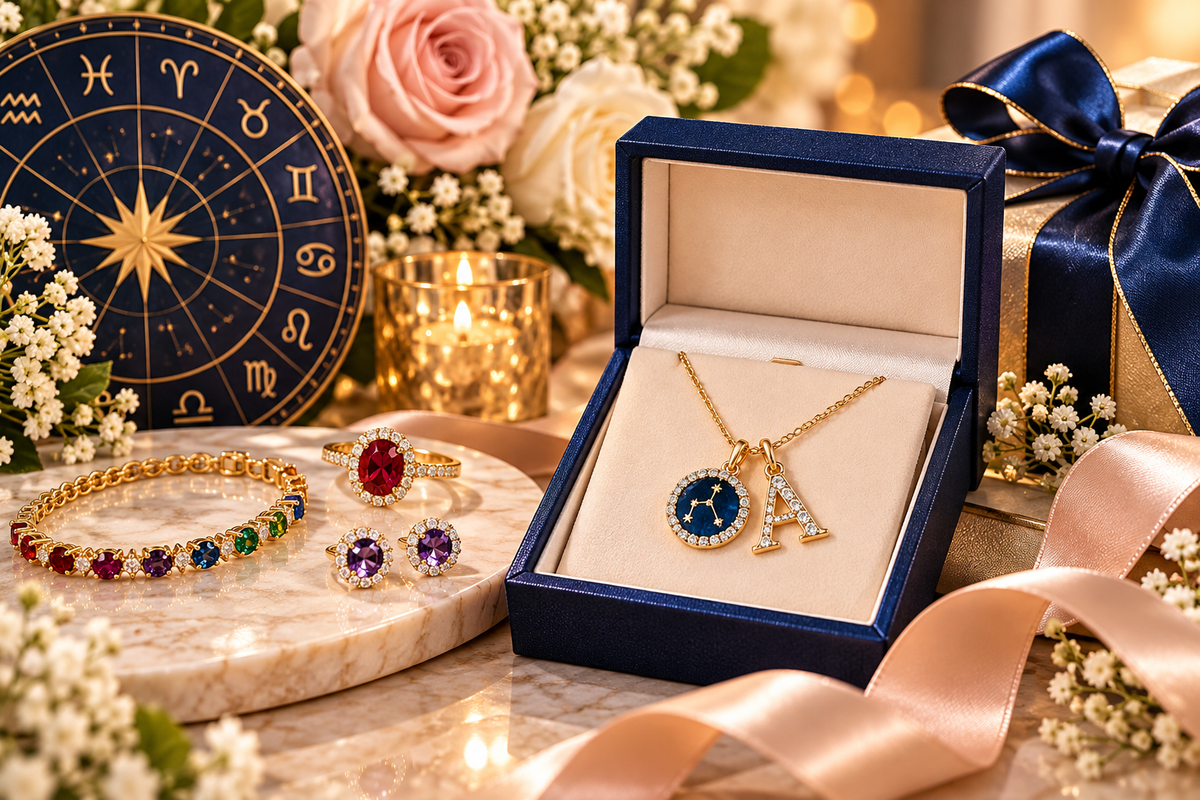 Zodiac and initial jewelry gift featuring a personalized pendant, gemstone ring, earrings, bracelet, and elegant gift box
