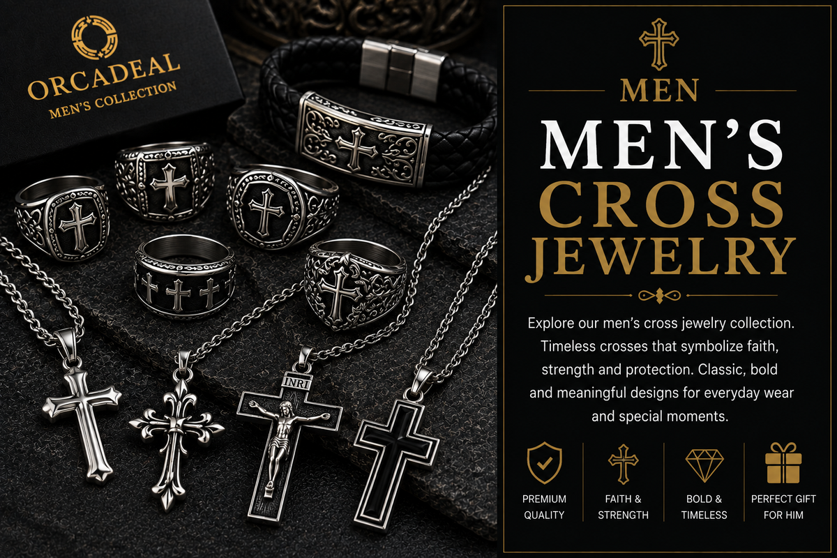 Men's cross jewelry featuring detailed cross rings, crucifix pendants, cross necklaces and a black leather bracelet in silver finishes displayed in an elegant masculine luxury setting