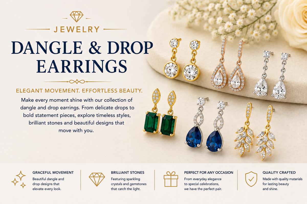Elegant dangle and drop earrings featuring clear, blue and green gemstones in gold, rose gold and silver settings