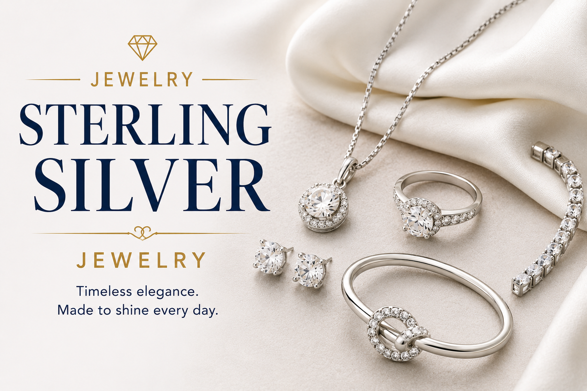 Elegant sterling silver jewelry featuring a pendant necklace, stud earrings, ring, tennis bracelet and bangle with sparkling stones