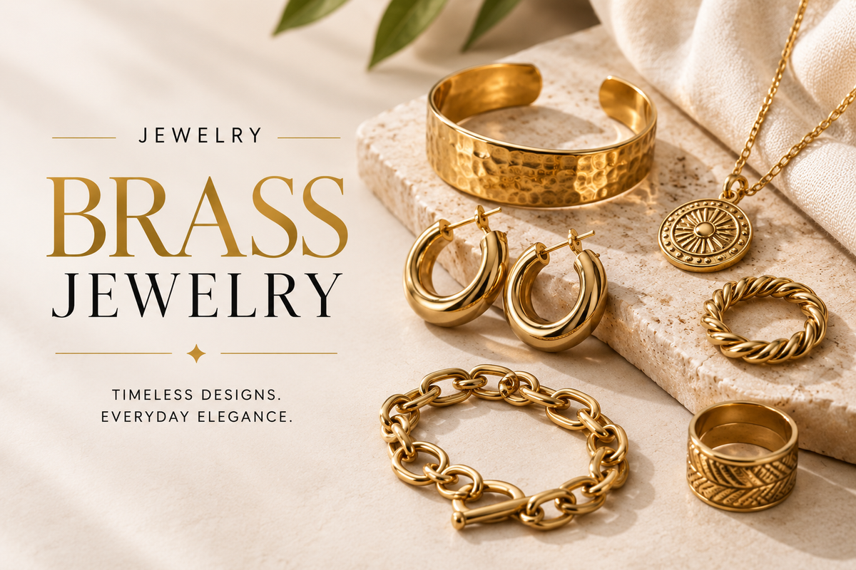 Elegant brass jewelry featuring hoop earrings, rings, pendant necklace, chain bracelet and hammered cuff in warm gold-tone designs