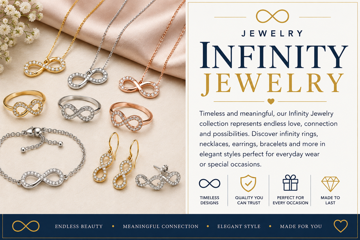 Infinity jewelry featuring infinity necklaces, rings, bracelet and earrings in gold, silver and rose gold tones with sparkling crystal details