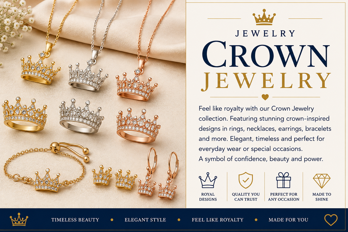 Crown jewelry featuring crown-inspired necklaces, rings, bracelet and earrings in gold, silver and rose gold tones with sparkling crystal details