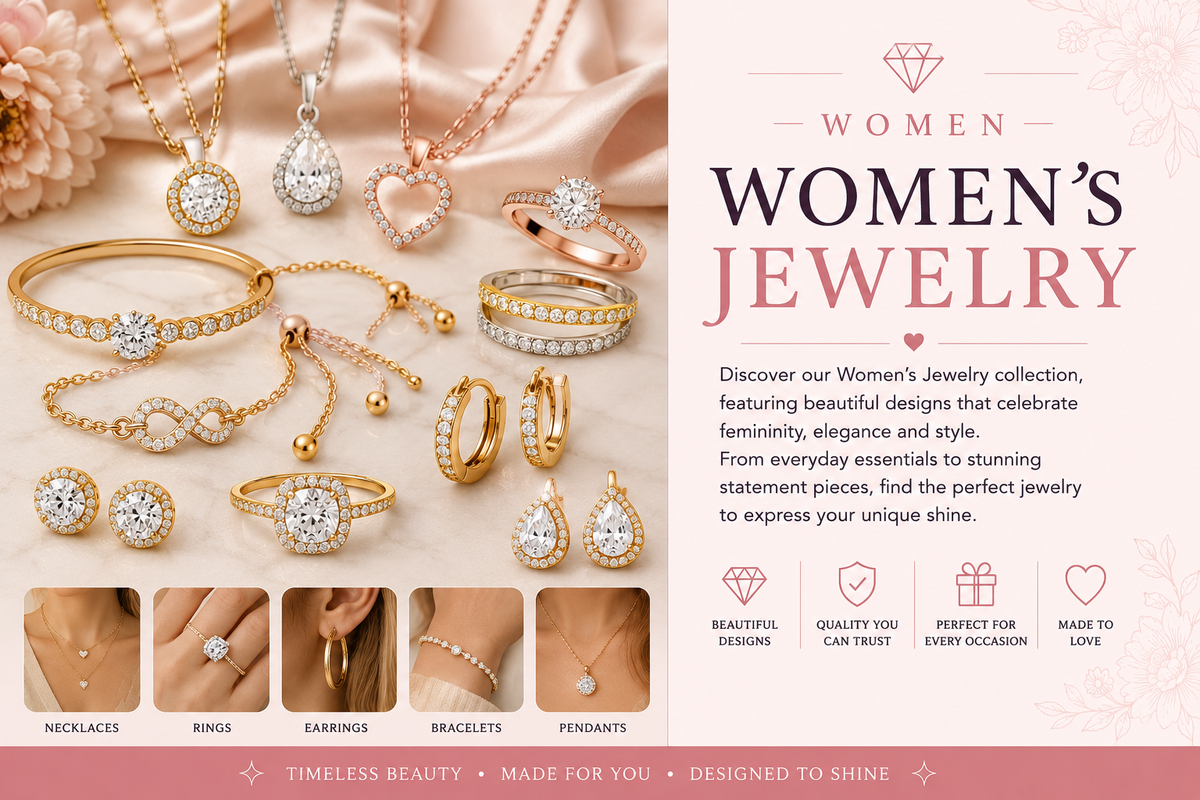 Women's jewelry collection featuring elegant necklaces, rings, earrings, bracelets and pendants in gold, silver and rose gold tones with sparkling crystal details