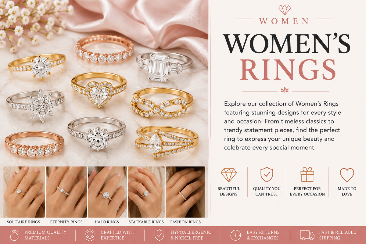 Women's rings collection featuring elegant solitaire, eternity, halo, stackable and fashion rings in gold, silver and rose gold tones with sparkling crystal details