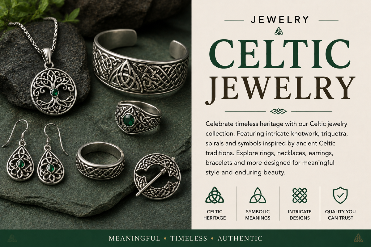 Celtic jewelry featuring knotwork pendant necklace, cuff bracelet, rings, drop earrings and brooch in detailed antique silver-tone designs