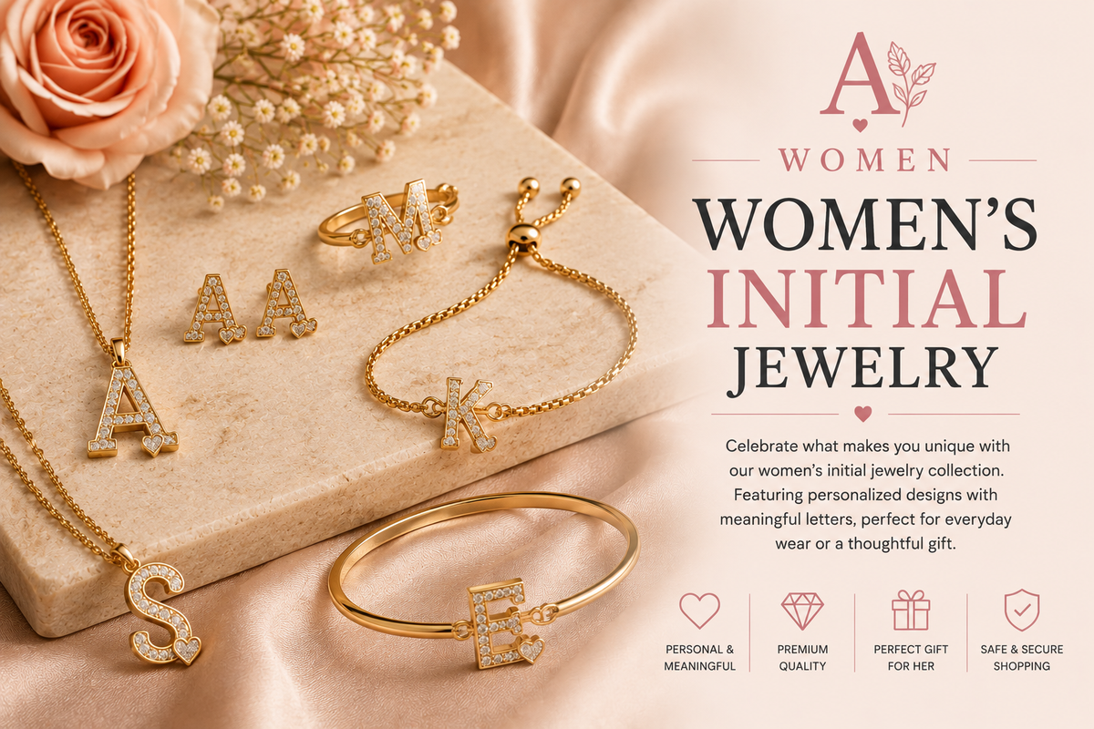 Women's initial jewelry featuring gold letter necklaces, earrings, ring and bracelets with sparkling stones displayed on an elegant blush luxury setting