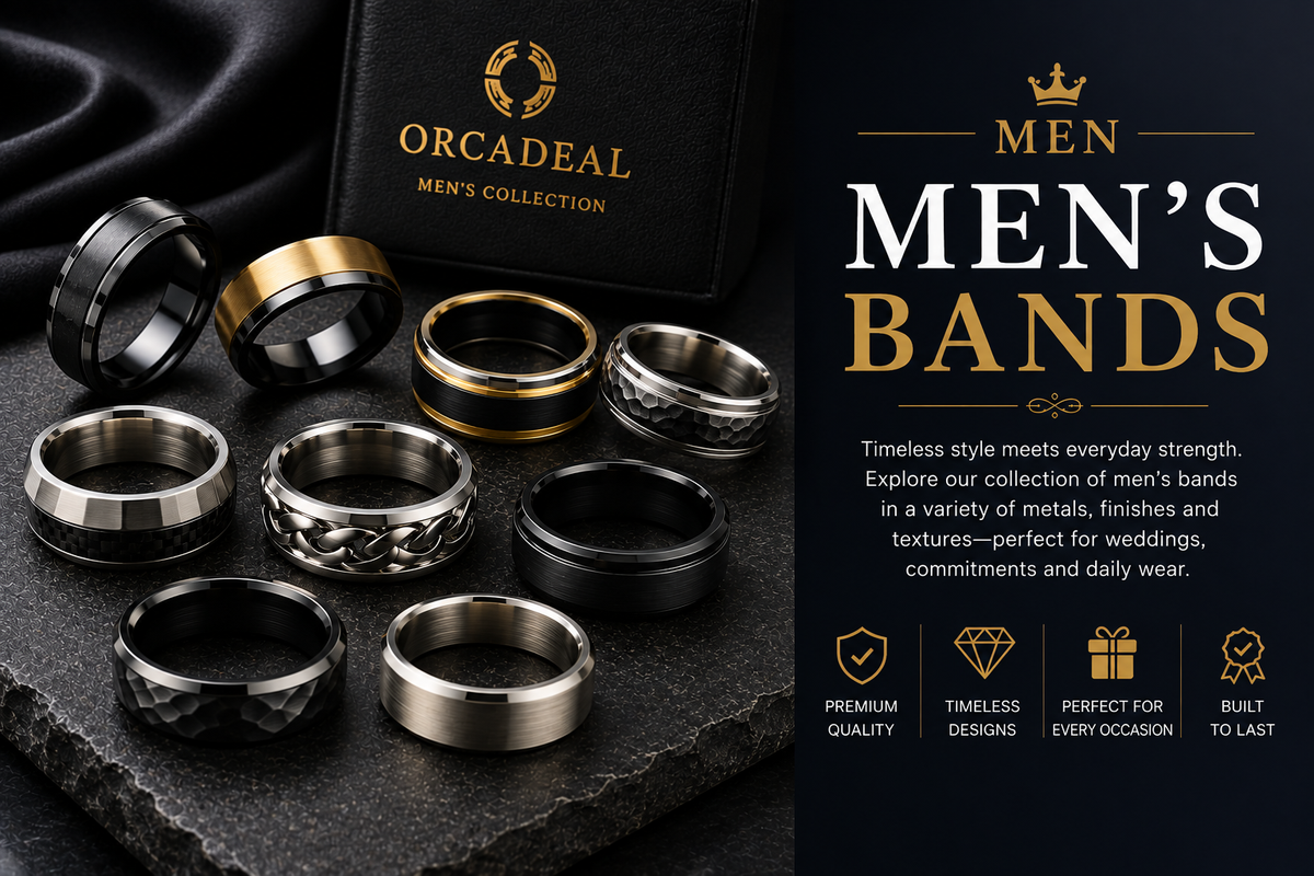 Men's bands featuring black, silver, gold and two-tone designs with polished, hammered, braided and textured finishes displayed in an elegant masculine luxury setting
