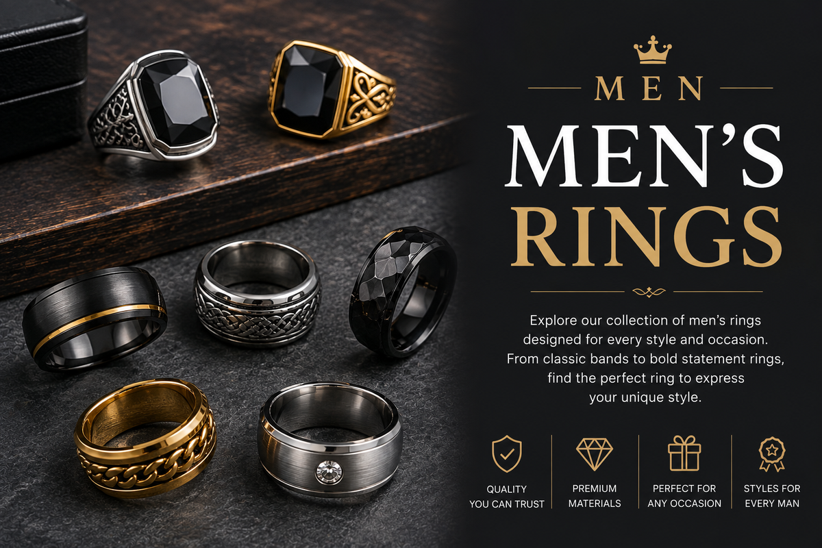 Men's rings featuring bold signet rings, classic bands and modern black, silver and gold designs displayed in an elegant masculine luxury setting
