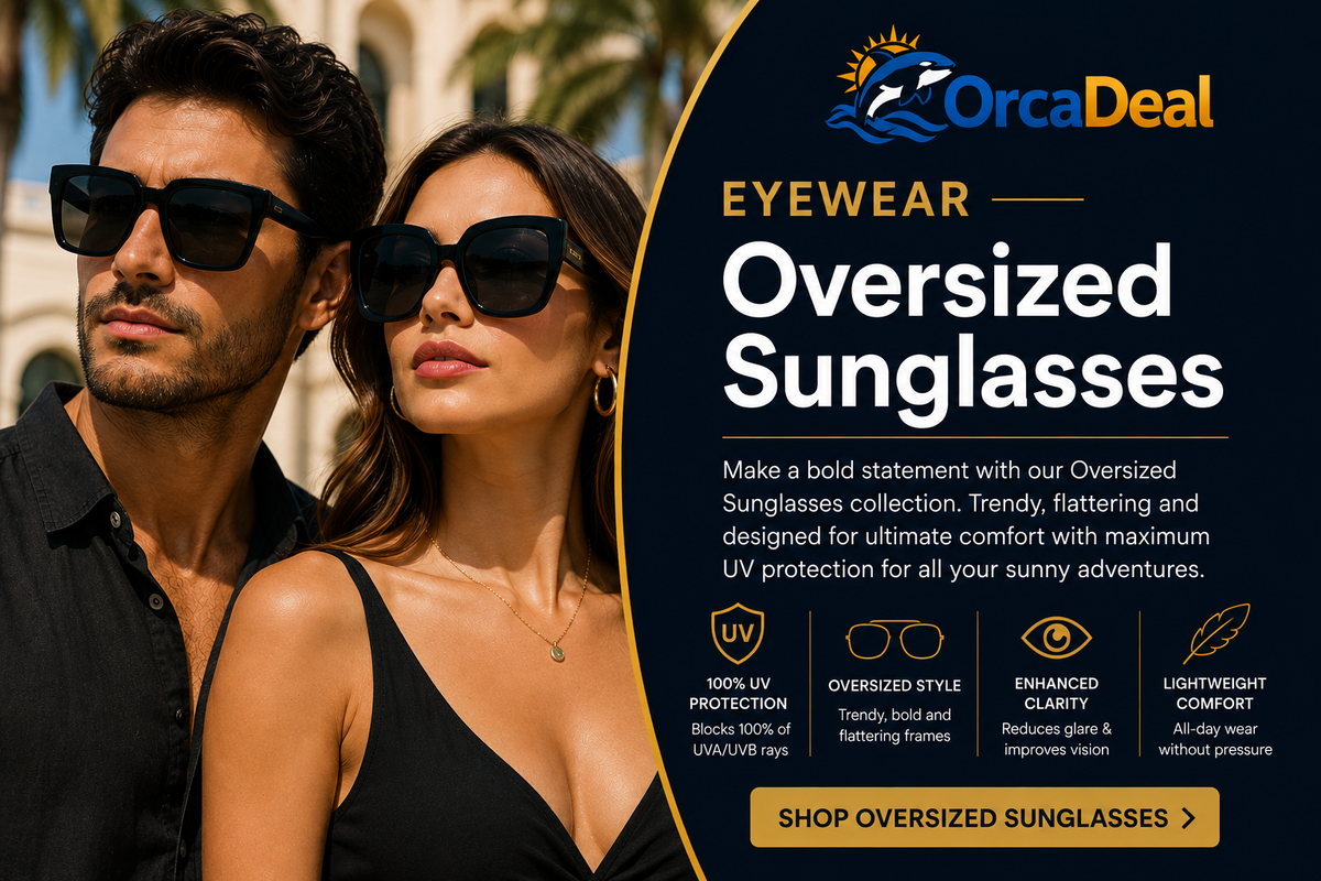 Man and woman wearing stylish oversized black sunglasses with dark lenses for bold everyday fashion and sun protection – OrcaDeal