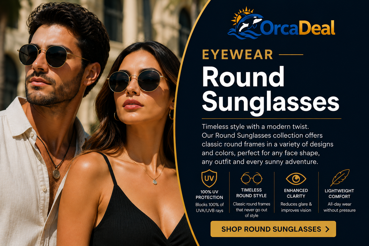 Man and woman wearing stylish round sunglasses with dark lenses and classic frames for timeless everyday style – OrcaDeal