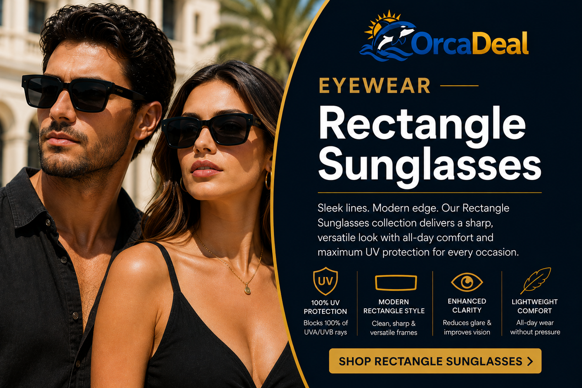 Man and woman wearing modern black rectangle sunglasses with dark lenses for sleek everyday style and sun protection – OrcaDeal