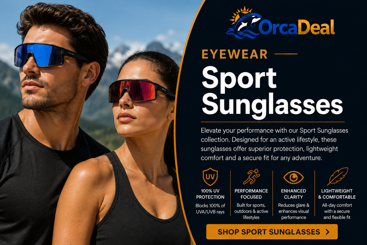 Man and woman wearing mirrored sport sunglasses with wraparound lenses for active outdoor performance and modern athletic style – OrcaDeal