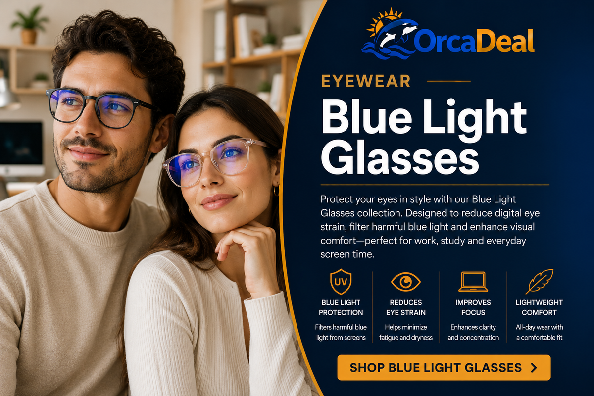 Man and woman wearing stylish blue light glasses with clear lenses for work, study and everyday screen use – OrcaDeal