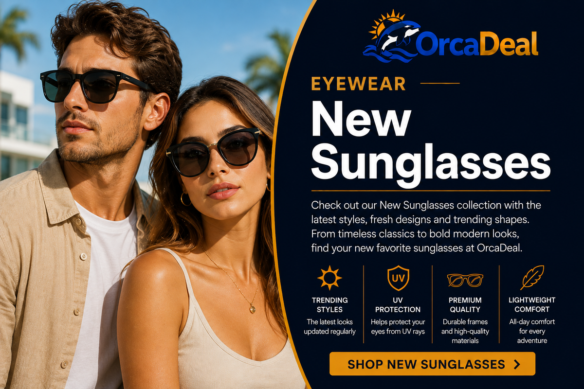 Man and woman wearing stylish new sunglasses with modern frames and dark lenses showcasing the latest eyewear trends – OrcaDeal