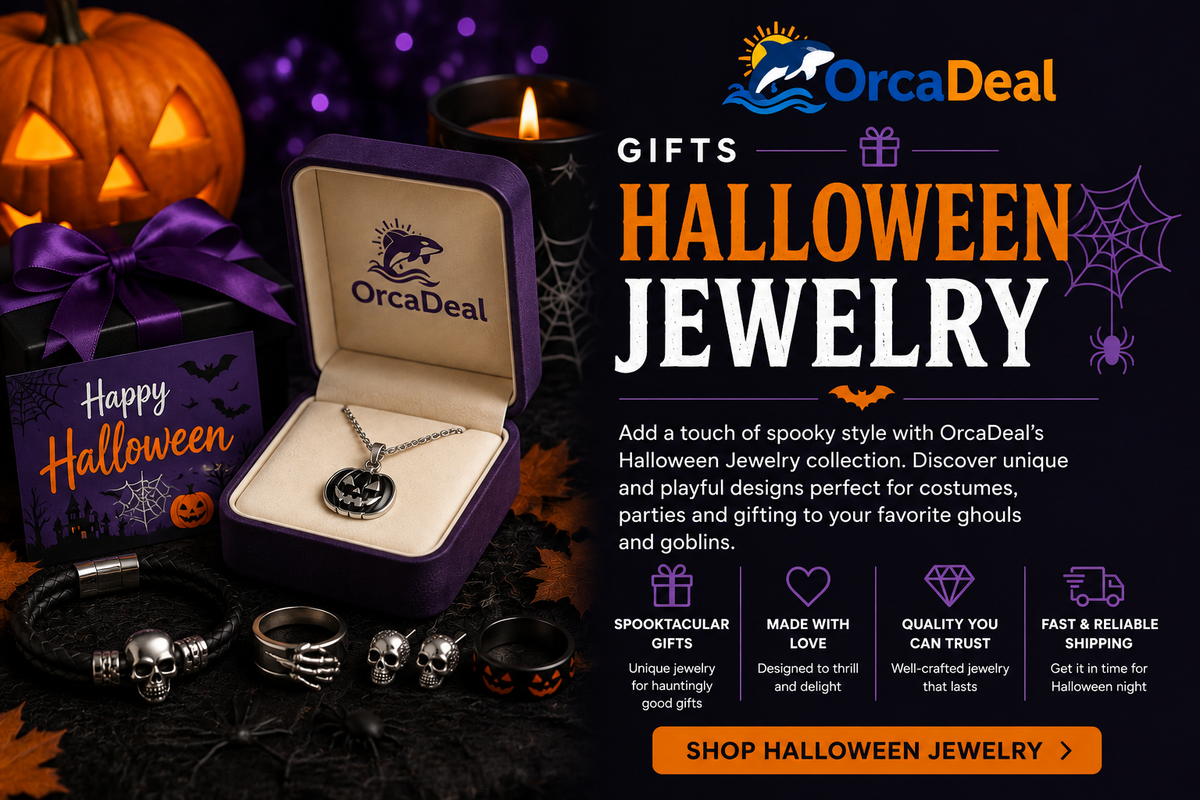 Halloween jewelry gifts featuring pumpkin pendant necklace, skull bracelet, rings, earrings and spooky seasonal decorations – OrcaDeal
