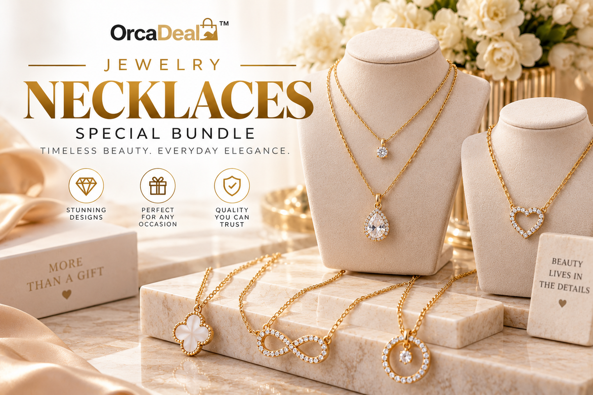 Luxury women's necklaces special bundle featuring elegant gold necklaces with crystal, heart, infinity, floral, teardrop, and circular pendants displayed on a premium cream marble setting.