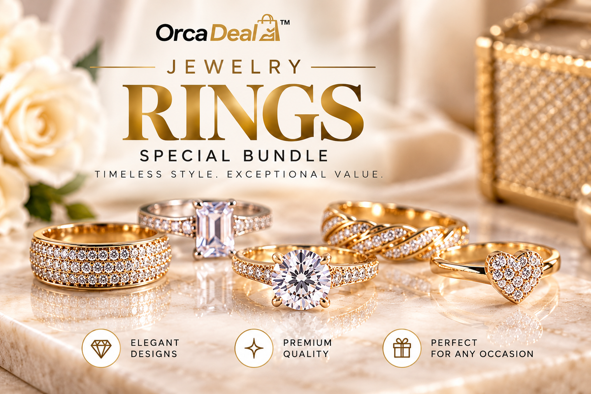 Luxury jewelry rings special bundle featuring elegant gold and silver rings with diamond-inspired details displayed on a premium cream marble background.