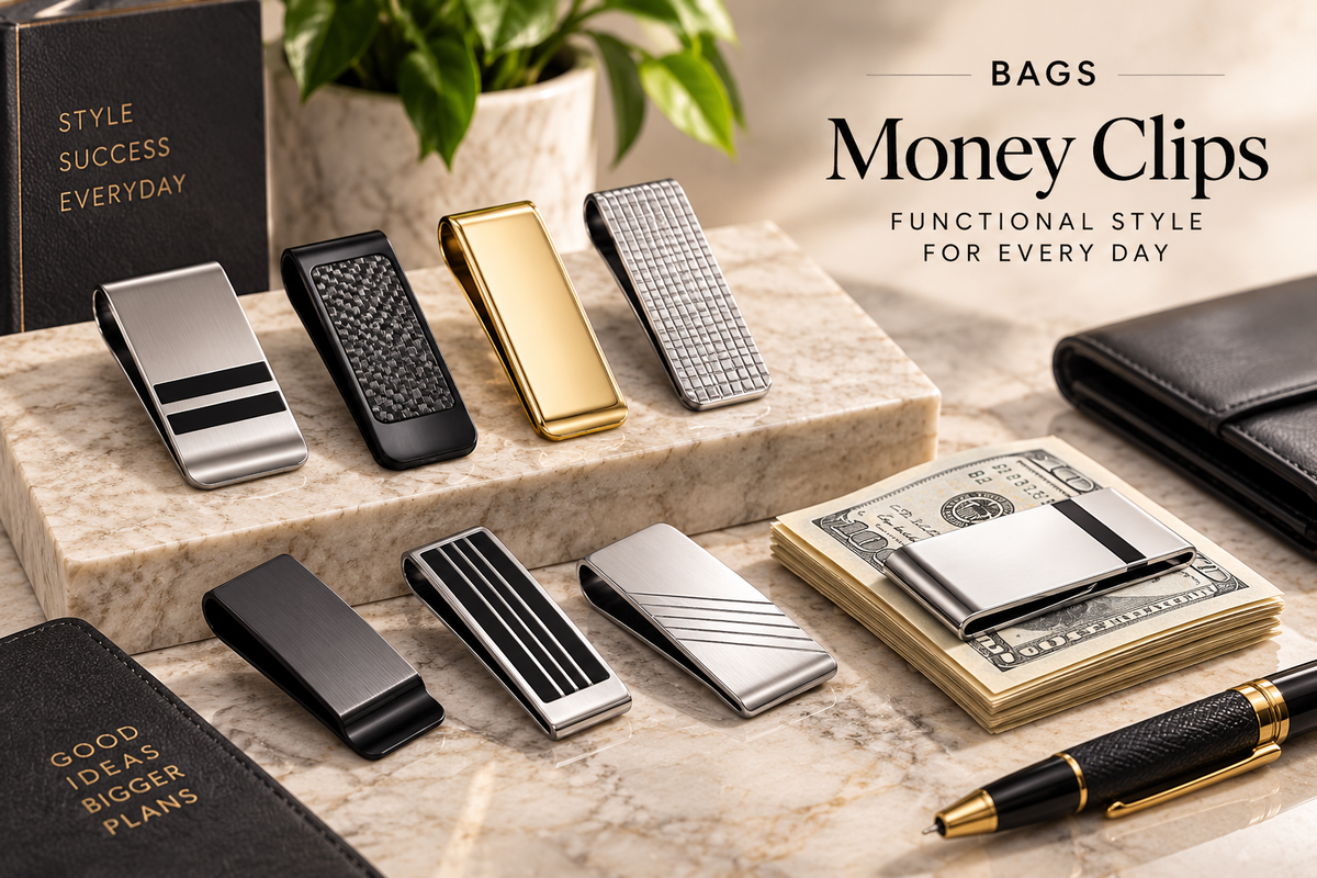 Metal money clips in silver, black, and gold displayed on elegant marble surfaces with cash, a wallet, and premium accessories.