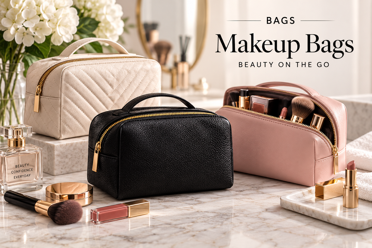 Elegant makeup bags in black, ivory, and blush displayed on a luxury marble vanity with cosmetics and beauty accessories.