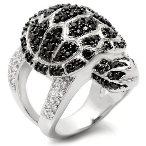 0W005 - Rhodium + Ruthenium Brass Ring with AAA Grade CZ  in Jet-0