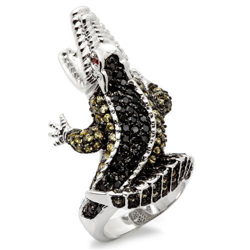 0W007 - Rhodium + Ruthenium Brass Ring with AAA Grade CZ  in Multi Color-0