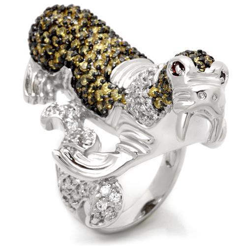 0W008 - Rhodium + Ruthenium Brass Ring with AAA Grade CZ  in Multi Color-0