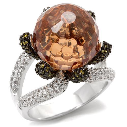 0W021 - Rhodium + Ruthenium Brass Ring with AAA Grade CZ  in Champagne-0