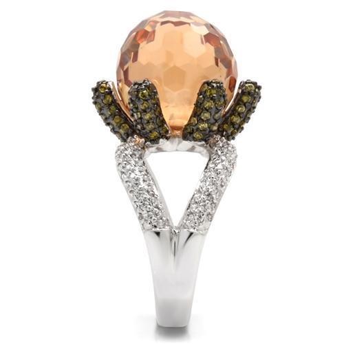 0W021 - Rhodium + Ruthenium Brass Ring with AAA Grade CZ  in Champagne-4
