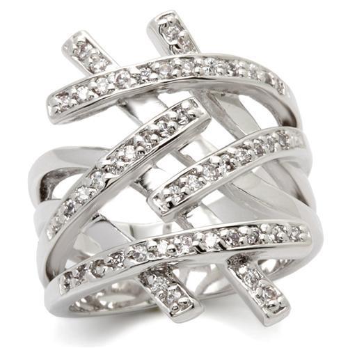 0W061 - Rhodium Brass Ring with AAA Grade CZ  in Clear-0