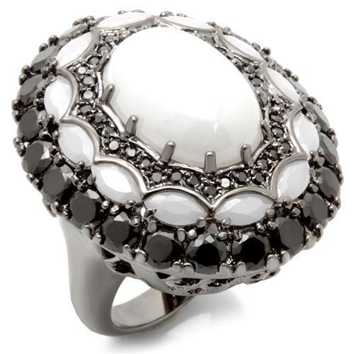 0W213 - Ruthenium Brass Ring with Milky CZ  in White-0