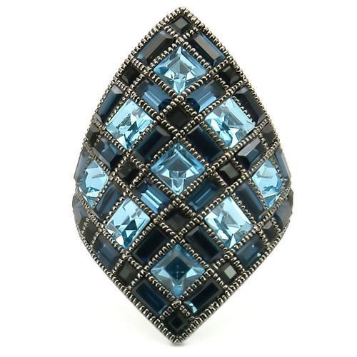 0W235 - Ruthenium Brass Ring with Top Grade Crystal  in Sea Blue-2