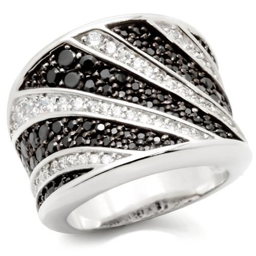 0W242 - Rhodium + Ruthenium Brass Ring with AAA Grade CZ  in Jet-0